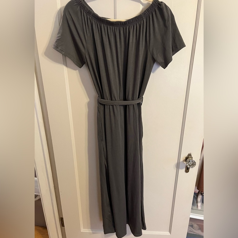 Off Shoulder Split Thigh Belted Dress Dark Grey Size L - Picture 5 of 7